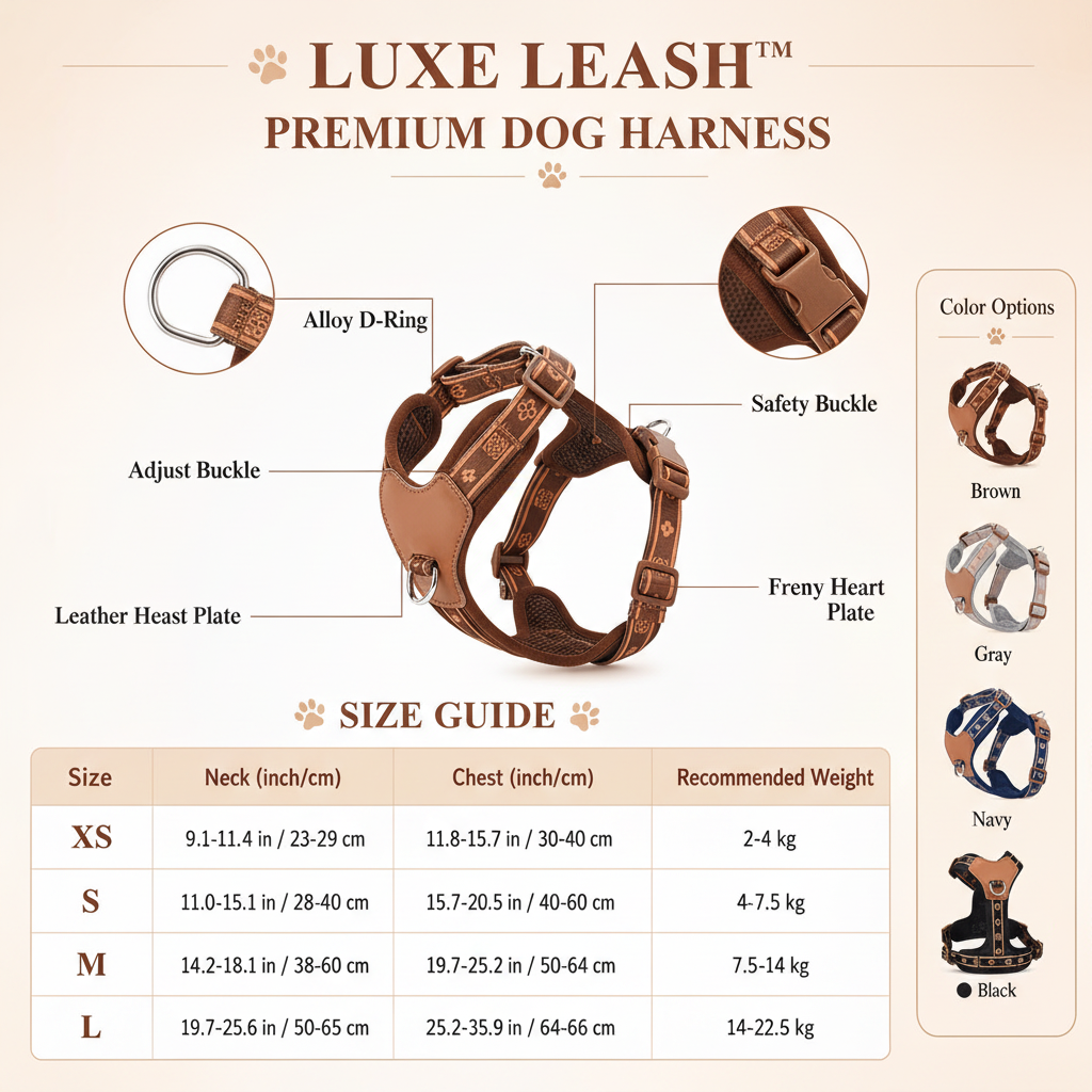 Luxe Leash Harness Feature Infographic